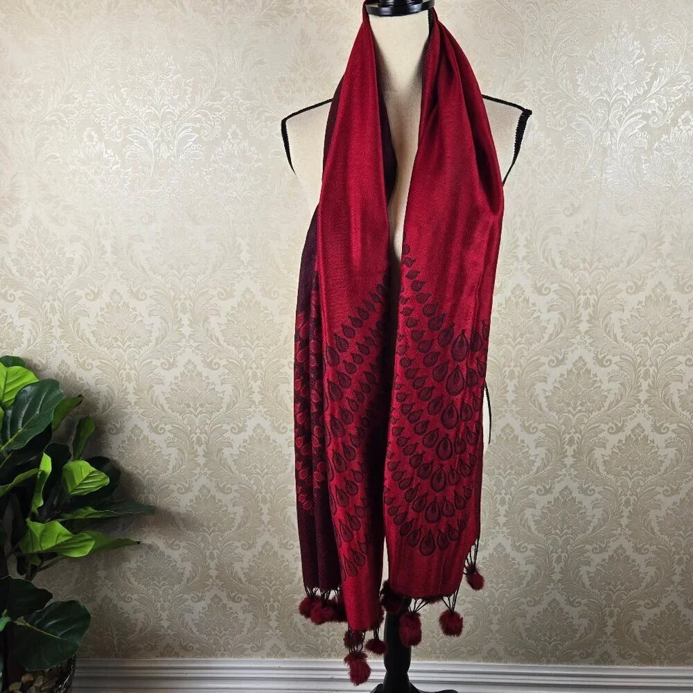 Red and Black Patterned Pashmina Real Fur PomPom Accents at Ends Cozy Warm